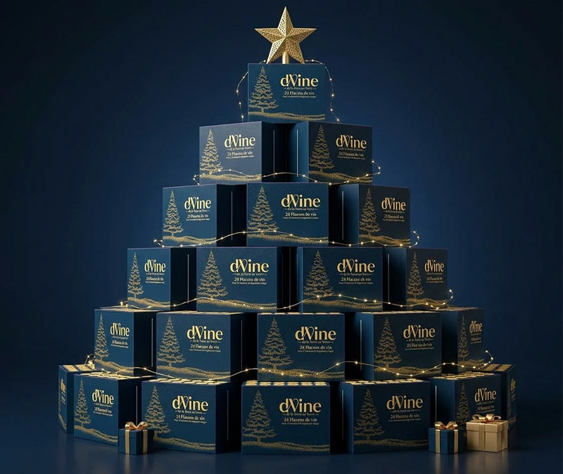 Calendriers de l’Avent des vins dVine empilés en forme de sapin de Noël, avec des guirlandes lumineuses et des cadeaux