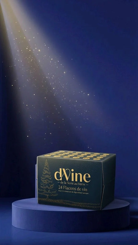 Calendrier de l’Avent des vins dVine présenté sur un socle bleu, avec un éclairage mettant en valeur son coffret